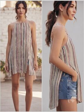 BCBG Striped Sleeveless Tunic Top in Neutral & Burgundy Tones